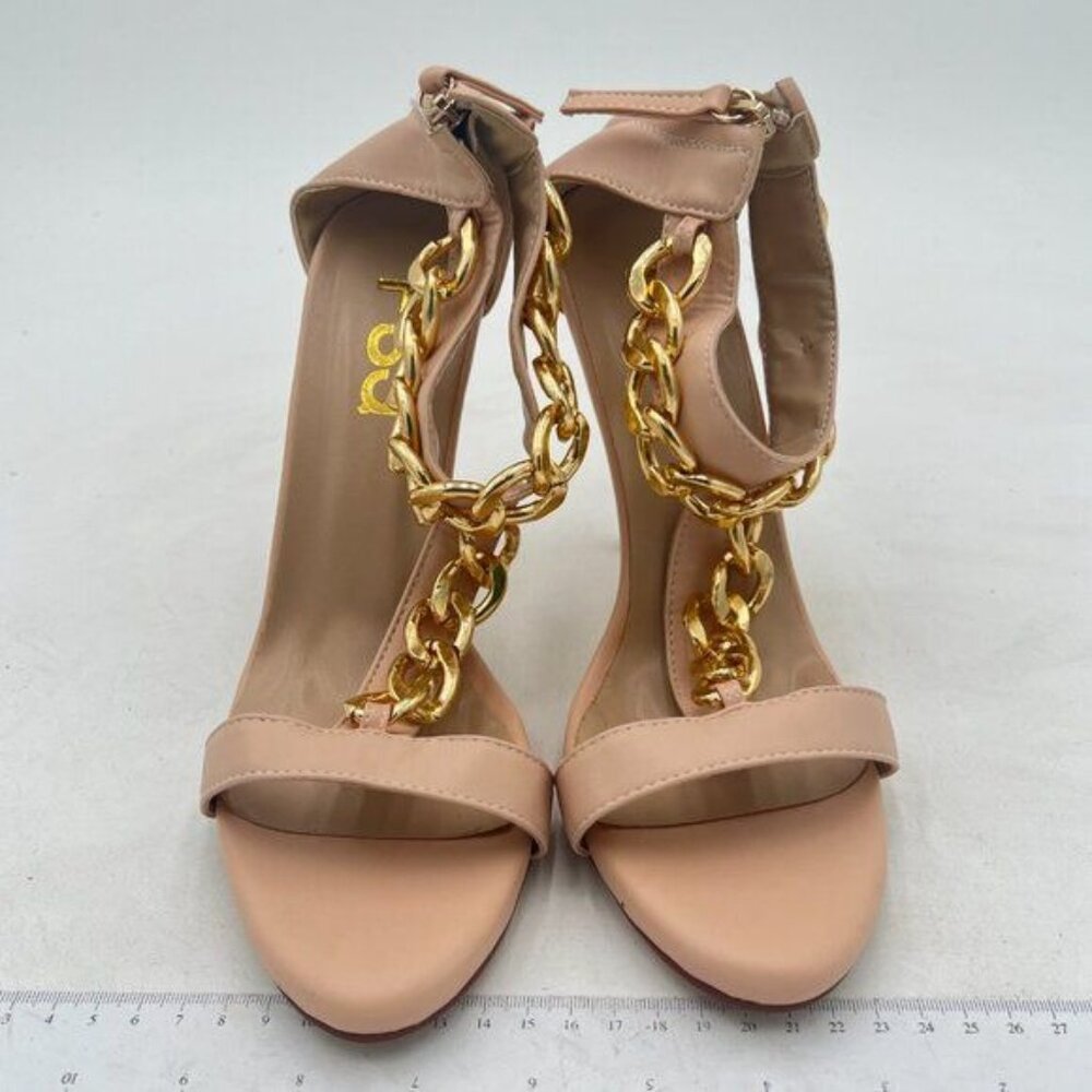 FSJ Nude T-Straps High Heel Sandals Golden Chains Open Toe Ankle Straps Shoes - Picture 3 of 8